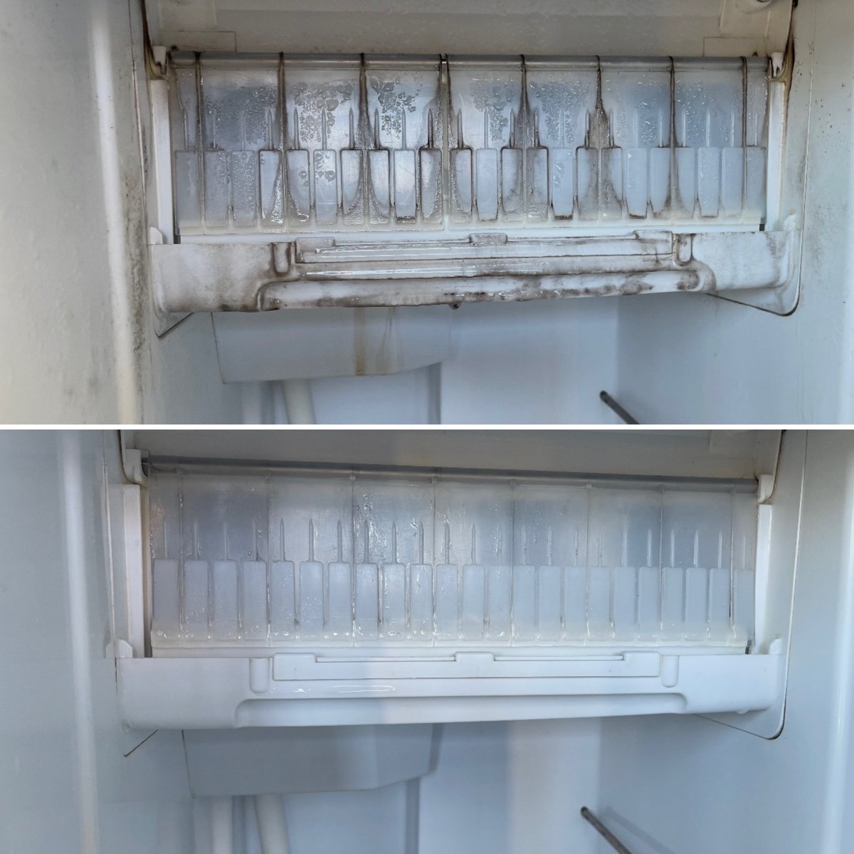 Under-counter ice maker before (top) and after (bottom) cleaning